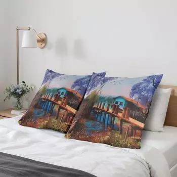 ABAKUHAUS Lake House Чехлы для подушек, набор из 2 шт., винтажное изображение рыбацкой деревни со старым мостом и чайками, нарисованное вручную, чехол для подушки с декоративным принтом, 80x80 см, разноцветный