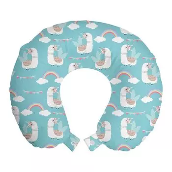 ABAKUHAUS Lama Travel Pillow Подушка для шеи, Животное с крыльями Радуга, Пенопластовые дорожные принадлежности для самолетов и автомобилей, 30x30 см, Морская пена разноцветная