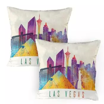 ABAKUHAUS Las Vegas Чехлы для подушек, набор из 2 шт., красочные виды пирамиды и статуи Свободы в Лас-Вегасе, акварель, чехол для подушки с декоративным принтом, 80 x 80 см, многоцветный