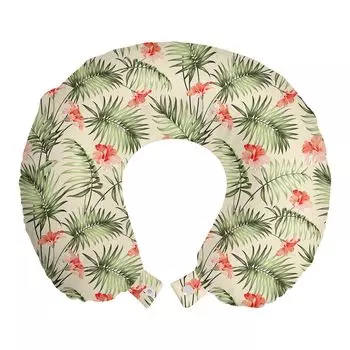 ABAKUHAUS Leaf Travel Подушка для шеи, Hawaiian Aloha Hibiscus, пенопластовый дорожный предмет для самолета и автомобиля, 30x30 см, персиково-лососевый зеленый