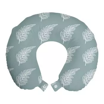 ABAKUHAUS Leafy Travel Pillow Поддержка шеи, лист с монохромным контуром, пенопластовые дорожные принадлежности для самолета и автомобиля, 30x30 см, бледно-шиферно-синий белый