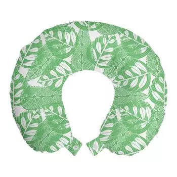 ABAKUHAUS Leafy Travel Pillow Подушка для шеи, Grunge Leaves Illustration, Пенопластовые дорожные принадлежности для самолета и автомобиля, 30x30 см, Морской зеленый и белый