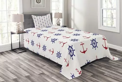 ABAKUHAUS Life in the Sea Комплект покрывала, якоря и корабельных колес, комплект с моющимися наволочками, для односпальных кроватей 170 x 220 см, темно-синий рубиновый