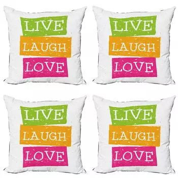 ABAKUHAUS Live Laugh Love Набор чехлов для подушек (4 предмета), Vibrant Joyous, современная двусторонняя цифровая печать, 45 см x 45 см, многоцветный