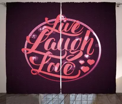 ABAKUHAUS Live Laugh Love Рустикальная занавеска, Живой круг, Ленточная штора с рюшами и петлями для спальни, 280 x 260 см, Белый кораллово-красный сливовый