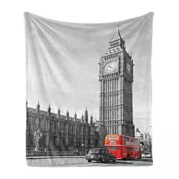 ABAKUHAUS London Мягкое фланелевое флисовое одеяло, Биг-Бен и двухэтажный автобус, достопримечательности столицы Англии, 175 x 230 см, Бледно-серый, ярко-серый