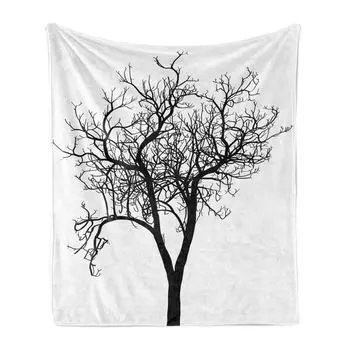 ABAKUHAUS Lonely Tree Мягкое фланелевое флисовое одеяло, однотонное упрощенное изображение голых ветвей зимнего дерева, тема природы, 175 x 230 см, черный и белый
