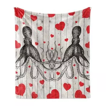ABAKUHAUS Love Мягкое фланелевое флисовое одеяло, мимолетное животное-осьминог и сердечки на деревянных досках в стиле гранж, 175 x 230 см, ярко-красный, антрацитово-серый