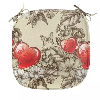 ABAKUHAUS Love Подушка для обеденного стула Цветы и бабочки Декоративная водонепроницаемая подушка с ремнями для кухонных сидений 40 см x 40 см Бежевый Коричневый Красный, мультиколор