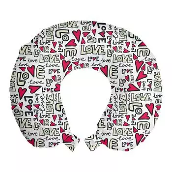 ABAKUHAUS Love Travel Подушка для шеи, граффити Words Romantic, пенопластовые дорожные принадлежности для самолета и автомобиля, 30x30 см, пурпурный, цвет слоновой кости, светло-зеленый
