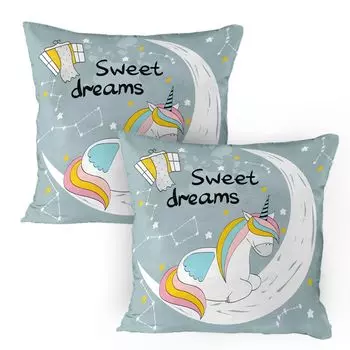 ABAKUHAUS Magic Moon Чехлы для подушек, набор из 2 шт., типография Sweet Dreams с милым единорогом на полумесяцах, чехол для подушки с декоративным принтом, 80x80 см, разноцветный
