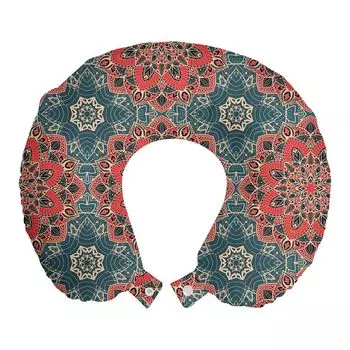 ABAKUHAUS Mandala Дорожная подушка для шеи, Культурные цветы, Пенопластовые дорожные принадлежности для самолета и автомобиля, 30x30 см, Темно-коралловый сланцевый синий