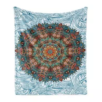 ABAKUHAUS Mandala Мягкое фланелевое флисовое одеяло, круглый восточный цветочный орнамент с арабесками на синем и белом фоне, 175 x 230 см, многоцветный