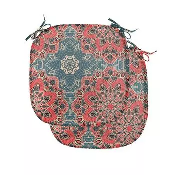 ABAKUHAUS Mandala Подушки для обеденного стула, Культурные цветы, декоративная водонепроницаемая подушка с ремнями для кухонных сидений, 40 см x 40 см — упаковка из 2 шт., темно-кораллово-сине-серый