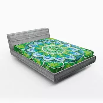 ABAKUHAUS Mandala Простыня на подгонке, Большая Мандала с листочками, символ природы и темы дзен, зеленый принт в стиле бохо, 90 x 190 см, зеленый синий