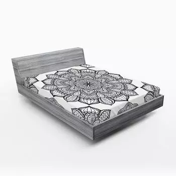 ABAKUHAUS Mandala Простыня на подгонке, Художественные абстрактные цветочные круглые символы, монохромная иллюстрация, 90 x 200 см, Антрацитово-серый-белый