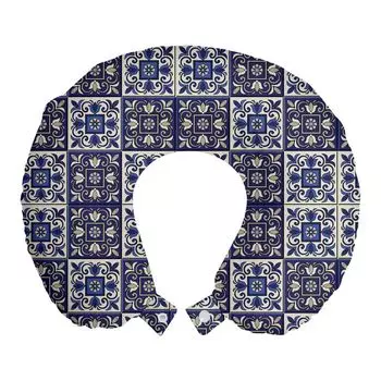 ABAKUHAUS Марокканская подушка для путешествий, поддержка шеи, квадраты Azulejos, пенопластовые дорожные принадлежности для самолета и автомобиля, 30x30 см, темно-синий, бежевый