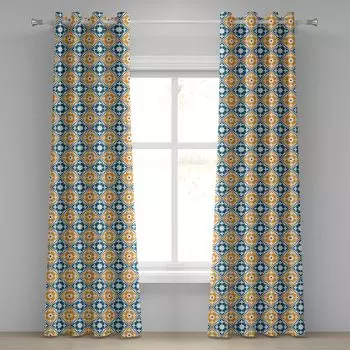 ABAKUHAUS Марокканская занавеска с люверсами, испанско-португальский азулехо, абстрактный природный узор с листьями, декоративные 2-панельные оконные шторы, 280 см x 260 см, темно-бирюзово-белый бархатцы