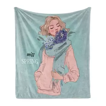 ABAKUHAUS Miss Spring Мягкое фланелевое флисовое одеяло, женский принт с цветами и шарфом на шее, 175 x 230 см, бледно-серебристый оттенок Shames Blush