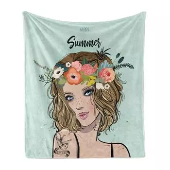 ABAKUHAUS Miss Summer Мягкое фланелевое флисовое одеяло, женская иллюстрация с очаровательным головным убором с яркими цветами, 175 x 230 см, бледно-разноцветная морская пена