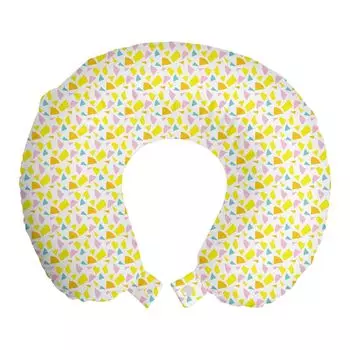 ABAKUHAUS Modern Travel Pillow Neck Support, абстрактные многоугольные формы, предметы из пенопласта для путешествий в самолете и автомобиле, 30x30 см, желто-розовый и морская пена