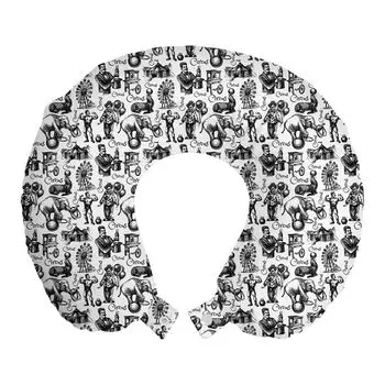 ABAKUHAUS Modern Travel Pillow Подушка для шеи, тема циркового фокусника, пенопластовые дорожные принадлежности для самолета и автомобиля, 30x30 см, черный и белый