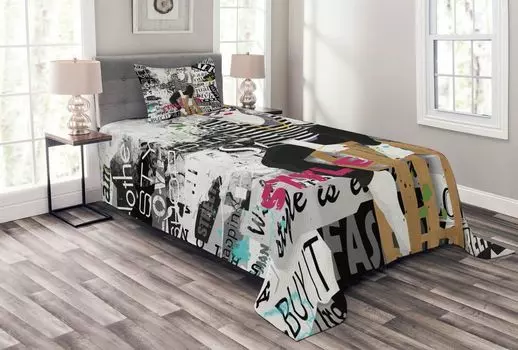 ABAKUHAUS Модное покрывало Fashion Girl Grunge, комплект с моющимися наволочками, для односпальных кроватей 170 x 220 см, белый и черный