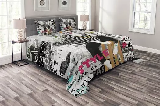 ABAKUHAUS Модное покрывало Fashion Girl Grunge, комплект с моющимися наволочками, для односпальных кроватей 220 x 220 см, белый и черный