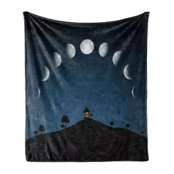 ABAKUHAUS Moon Мягкое фланелевое флисовое одеяло, Фазы Луны и звезды Маленькие домики Холмы Силуэт Ночное небо Иллюстрация Принт, 175 x 230 см, серый и черный