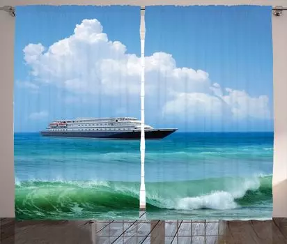 ABAKUHAUS Морская деревенская штора, Waves Ship Travel, универсальные ленточные шторы для гостиной с петлями и крючками, 280 x 260 см, синие, синий
