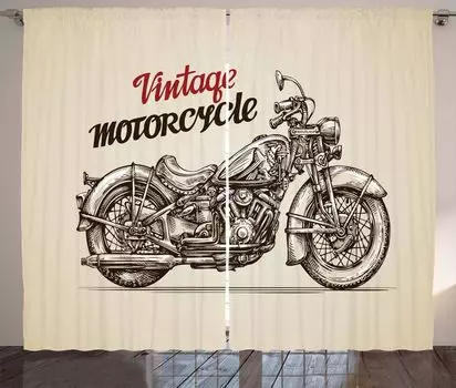 ABAKUHAUS Мотоциклетная деревенская штора, Chopper Art Bicycle, Ленточная штора с рюшами для спальни с петлями и крючками, 280 x 175 см, бежевый и коричневый