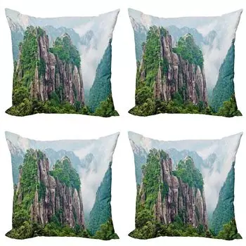ABAKUHAUS Mountain Набор чехлов для подушек (4 предмета), Китайский пейзаж, природа, современная двусторонняя цифровая печать, 40 см x 40 см, Зеленый Коричневый Белый
