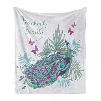 ABAKUHAUS Мягкое фланелевое флисовое одеяло с перьями, надпись Peacock Beauty с бабочками и пальмовыми листьями, экзотическая природа, 175 x 230 см, кокос и разноцветные цвета