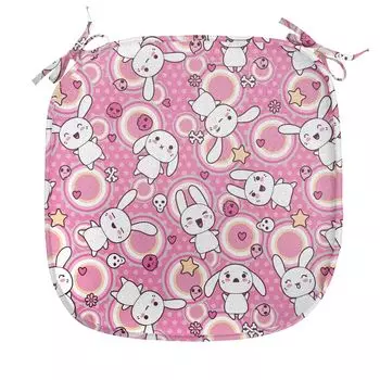 ABAKUHAUS мультяшная подушка для обеденного стула с животными Doodle Kawaii декоративная водонепроницаемая подушка с ремнями для кухонных сидений 40 см x 40 см персиковый белый розовый