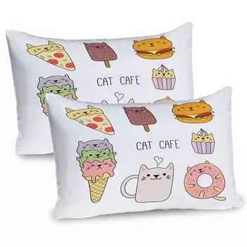 ABAKUHAUS Мультяшные чехлы для подушек, набор из 2 шт., Cat Cafe, нарисованная вручную иллюстрация еды, пицца, мороженое, кекс, сладкая тема, чехол для подушки с декоративным принтом, 80 x 40 см, многоцветный