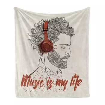 ABAKUHAUS Music is my life Мягкое фланелевое флисовое одеяло, «Мужчина в наушниках», уютный плюш для использования в помещении и на улице, 125 x 175 см, яичная скорлупа с паприкой