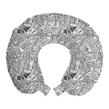 ABAKUHAUS Music Travel Pillow Neck Support, Chaotic Doodle Musical, пенопластовый дорожный предмет для самолета и автомобиля, 30x30 см, угольно-серый белый