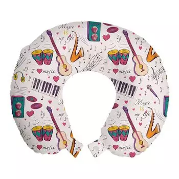 ABAKUHAUS Music Travel Pillow Подушка для шеи, Барабаны, Колонки, Пластинки, Пенопластовые дорожные принадлежности для самолетов и автомобилей, 30x30 см, Разноцветные