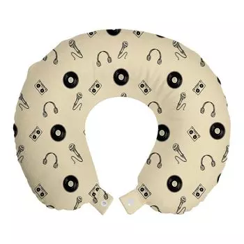 ABAKUHAUS Music Travel Pillow Подушка для шеи, наушники для ретро-записей, пенопластовые дорожные принадлежности для самолета и автомобиля, 30x30 см, черный кремовый