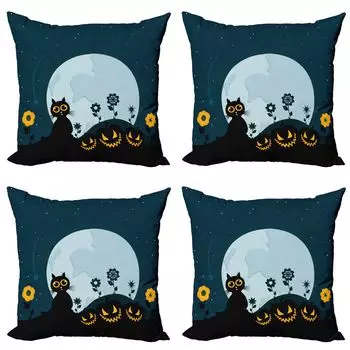 ABAKUHAUS Набор чехлов для подушек для Хэллоуина (4 предмета), Kitty Under Moon, современная двусторонняя цифровая печать, 50 см x 50 см, синий черный