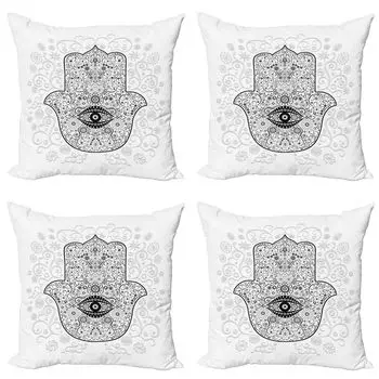 ABAKUHAUS Набор чехлов для подушек Hamsa (4 шт.), Protective Shield Luck, современная двусторонняя цифровая печать, 40 см x 40 см, белый, черный, серый