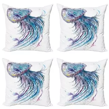 ABAKUHAUS Набор чехлов для подушек «Медуза» (4 предмета), Aqua Colors Creative, современная двусторонняя цифровая печать, 50 см x 50 см, синий, фиолетовый, белый