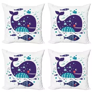 ABAKUHAUS Набор чехлов для подушек с китами (4 предмета), Ocean Cartoon Big Fish, современная двусторонняя цифровая печать, 40 см x 40 см, фиолетовый, бирюзово-белый