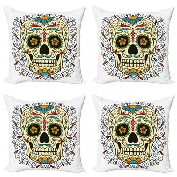 ABAKUHAUS Набор чехлов для подушек с сахарным черепом (4 предмета), Calavera Highlighted, современная двусторонняя цифровая печать, 40 см x 40 см, многоцветный