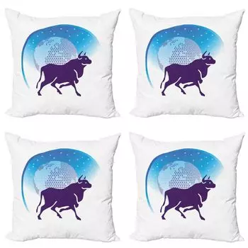 ABAKUHAUS Набор чехлов для подушек со зодиаком Тельца (4 предмета), Globe Stars Bull, современная двусторонняя цифровая печать, 40 см x 40 см, темно-фиолетовый белый