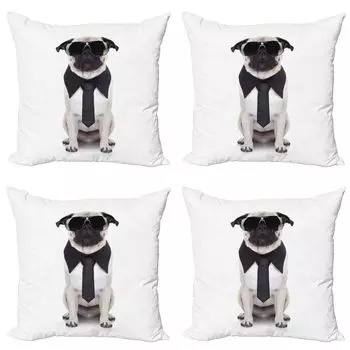 ABAKUHAUS Набор чехлов на подушки для мопсов (4 предмета), Cool Dog с завязками, современная двусторонняя цифровая печать, 60 x 60 см, черный кремовый