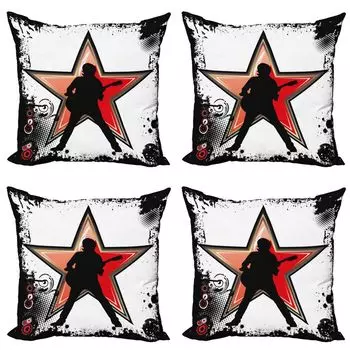 ABAKUHAUS Набор чехлов на подушки для рок-музыки (4 предмета), Guitar Player Star, современная двусторонняя цифровая печать, 40 см x 40 см, Черный Красный Персик