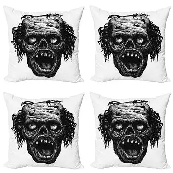 ABAKUHAUS Набор чехлов на подушку для Хэллоуина (4 предмета), Zombie Evil Dead Man, современная двусторонняя цифровая печать, 60 см x 60 см, черный темно-серый