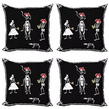 ABAKUHAUS Набор чехлов на подушку со скелетом (4 предмета), Spooky Wedding Art, современная двусторонняя цифровая печать, 60 x 60 см, серо-белый