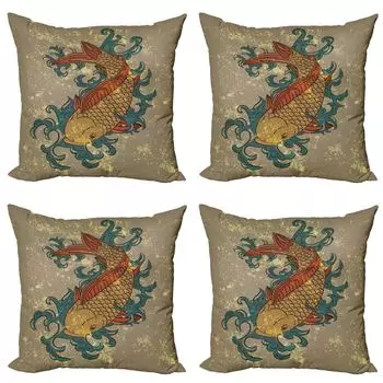 ABAKUHAUS Набор японских чехлов для подушек (4 предмета), Koi Fish Art, современная двусторонняя цифровая печать, 60 x 60 см, многоцветный